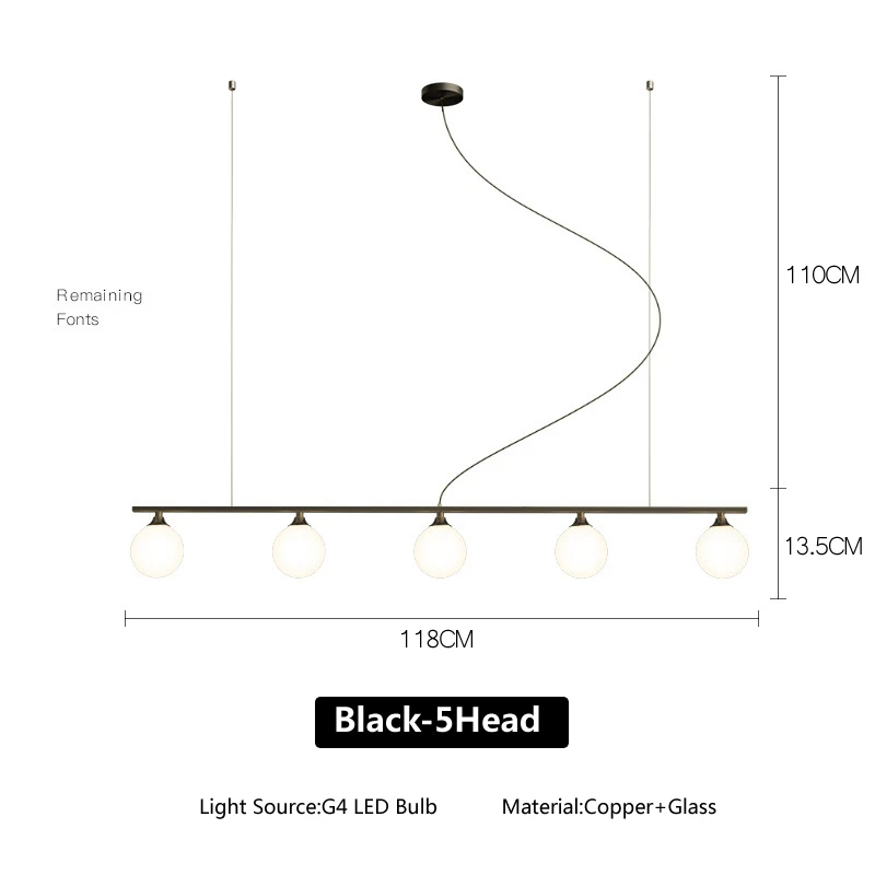 Светодиодный светильник-люстра винтажный медный стеклянный шар горизонтального типа подвесной светильник для столовой подвесной светильник современный скандинавский светильник - Цвет абажура: Black-5Head