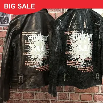 

2020 Black Men Skulls Pattern Biker‘s Leather Jacket Plus Size XXXXL Genuine Cowhide Spring American Style Motorcycle Coat