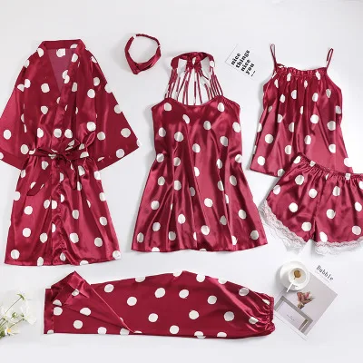 

Herislim 2020 Summer Autumn Polka Dot Pajamas Sets For Women 6 Pcs Silk Pyjamas Sexy Robe Gown Set Cute Girls Sleepwear Homewear