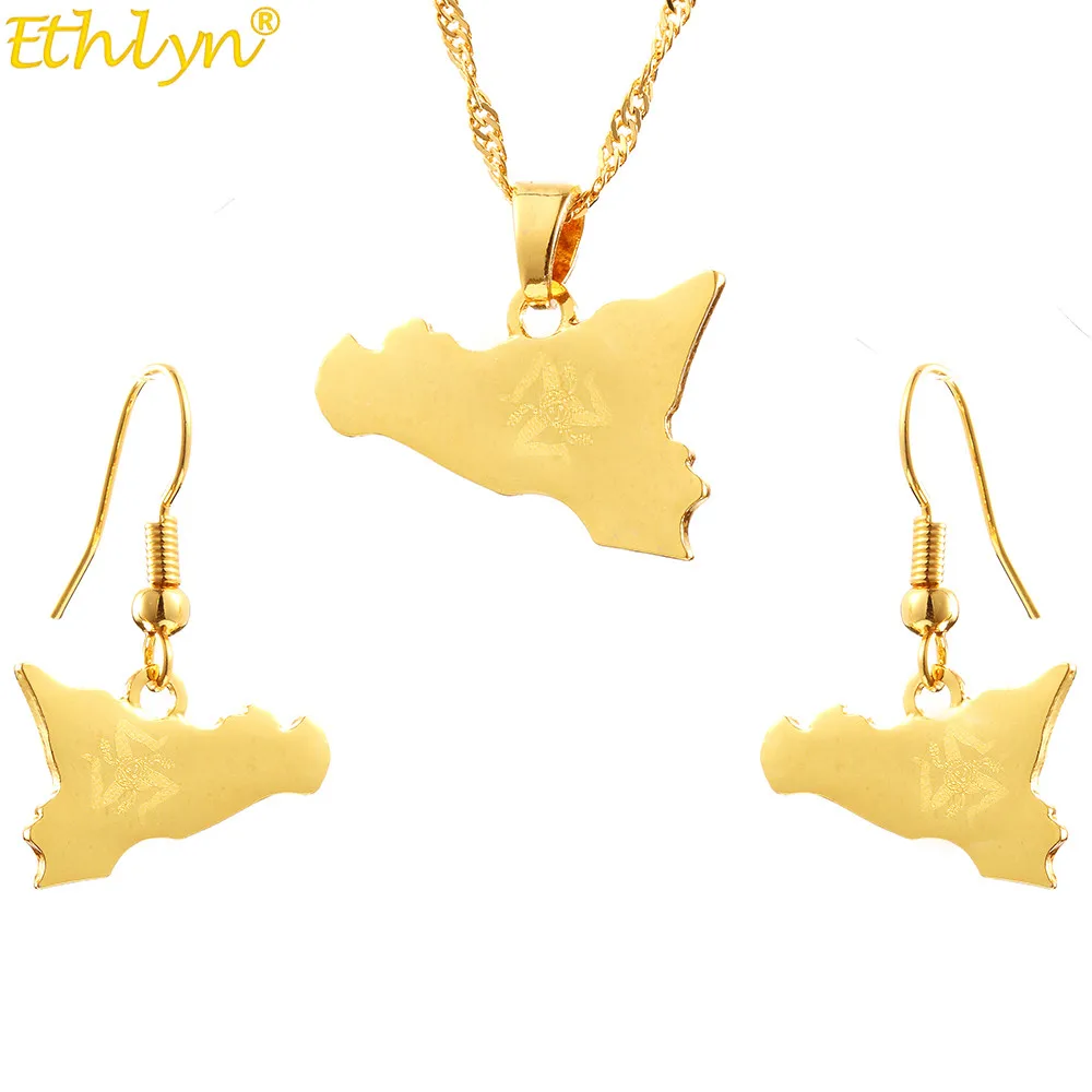 

Ethlyn Italy Sicily Map Two-pieces Earring Pendants Jewelry Sets Gold Color Italian Sicilia Jewelry Gifts S290