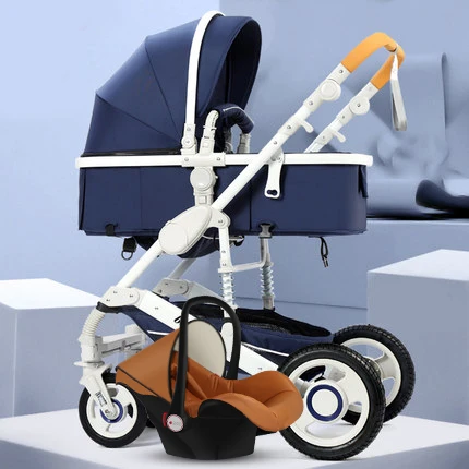 Belecoo high landscape Baby Pram 3 in 1 baby stroller two-way Carriage folding light four-wheel shock absorber baby trolly - Цвет: white rod blue 1