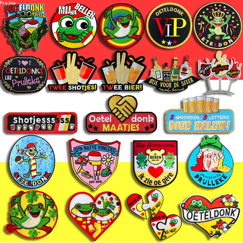 

Prajna Oeteldonk Emblem Full Embroidered Frog Carnival for Netherland Iron On Patches On Clothes Stripes Embroidered Patches DIY