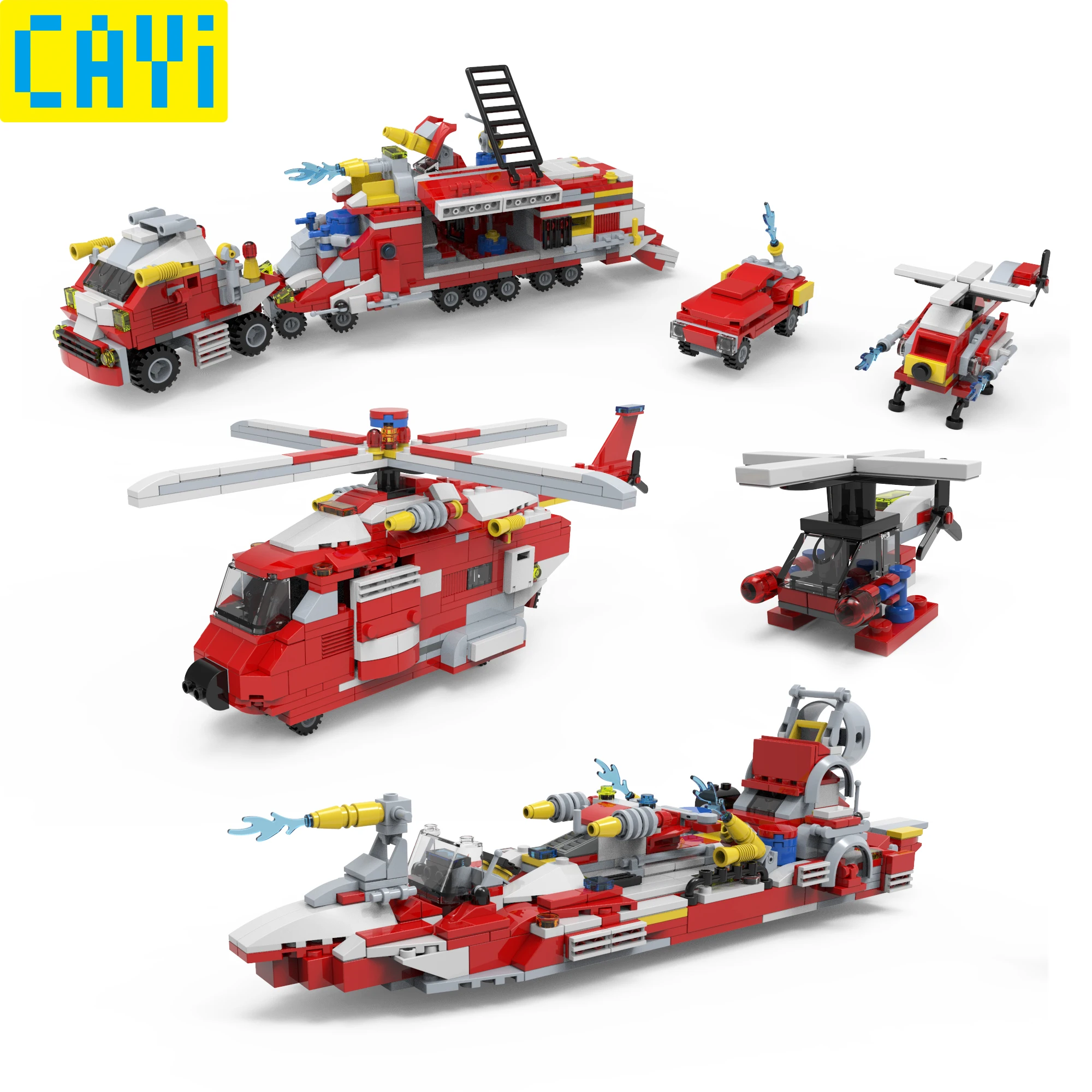 Ceny CAYI 639 sztuk połączone zestawy deformacji LegOINGs City Fire Fighting samochodów łódź helikopter samolot klocki prezenty edukacyjne