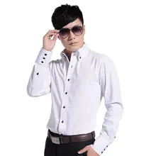Botão para baixo gola masculina camisa de vestido de moda ao longo da camisa de manga negócio magro ajuste camisa branca coreano casual preto botão de diamante