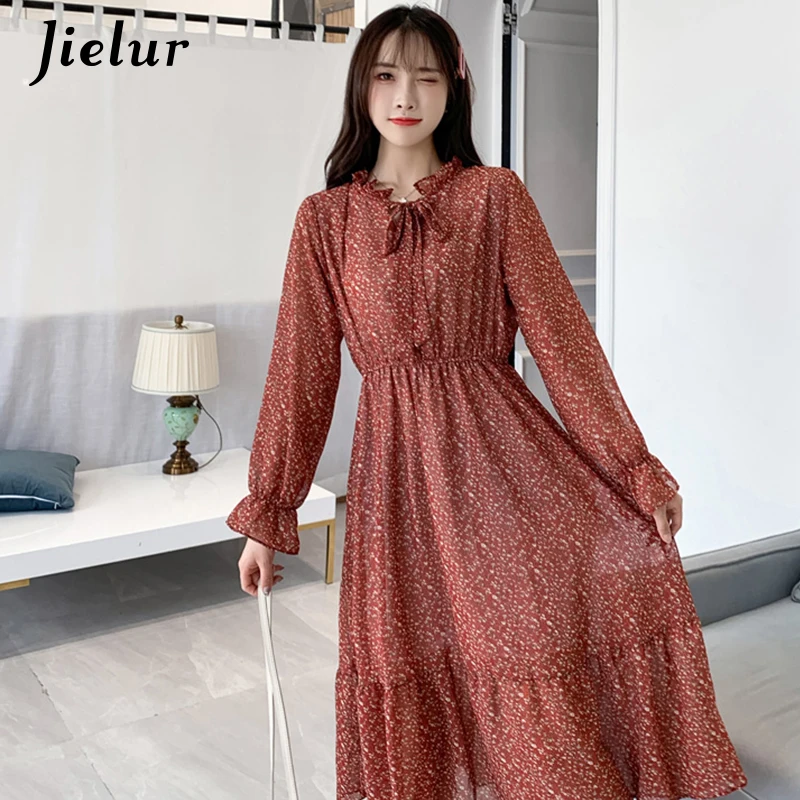Jielur корейское платье с цветочным рисунком женское эластичным поясом и бантом
