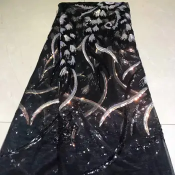 

2019 Upscale African Net Champagne Sequins Lace Tissu High Quality French Tulle Lace Wedding Nigeria fabric 5 Yard Black