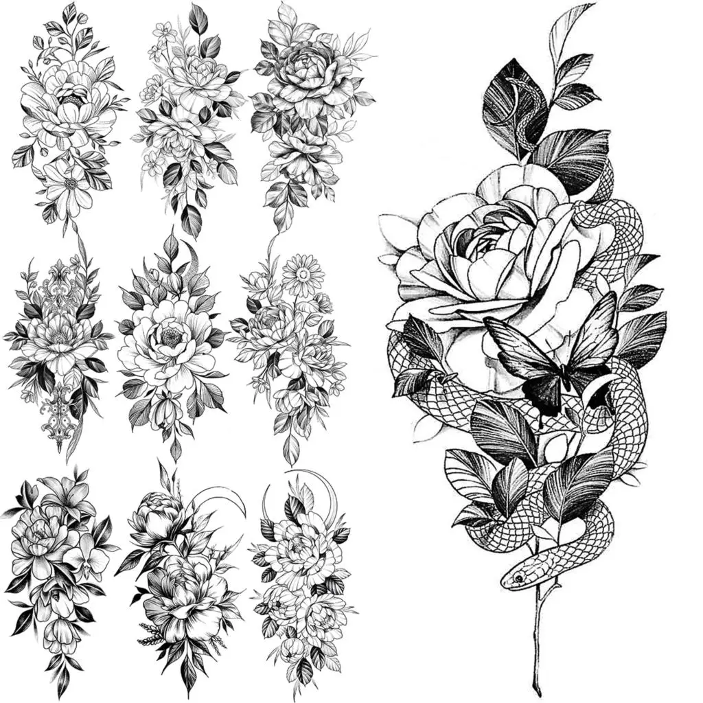 

Black Flower Snake Temporary Tattoos For Women Girls Realistic Moon Peony Marigold Fake Tattoo Sticker Arm Waist Tatoos Small
