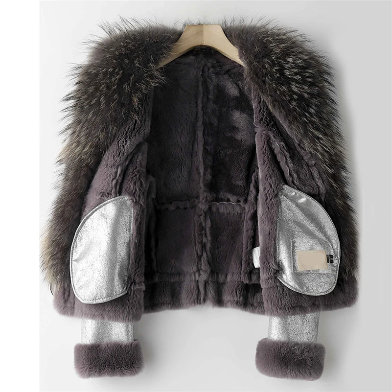 Aorice Women Real Rabbit Liner Raccoon Fur Collar Coat Jacket Parka Silver Black Color CT071