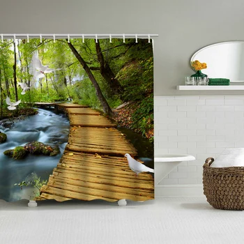 

Xiaoxi wooden bridge shower curtain natural scenery bathroom partition curtain bathroom curtain waterproof printing curtain