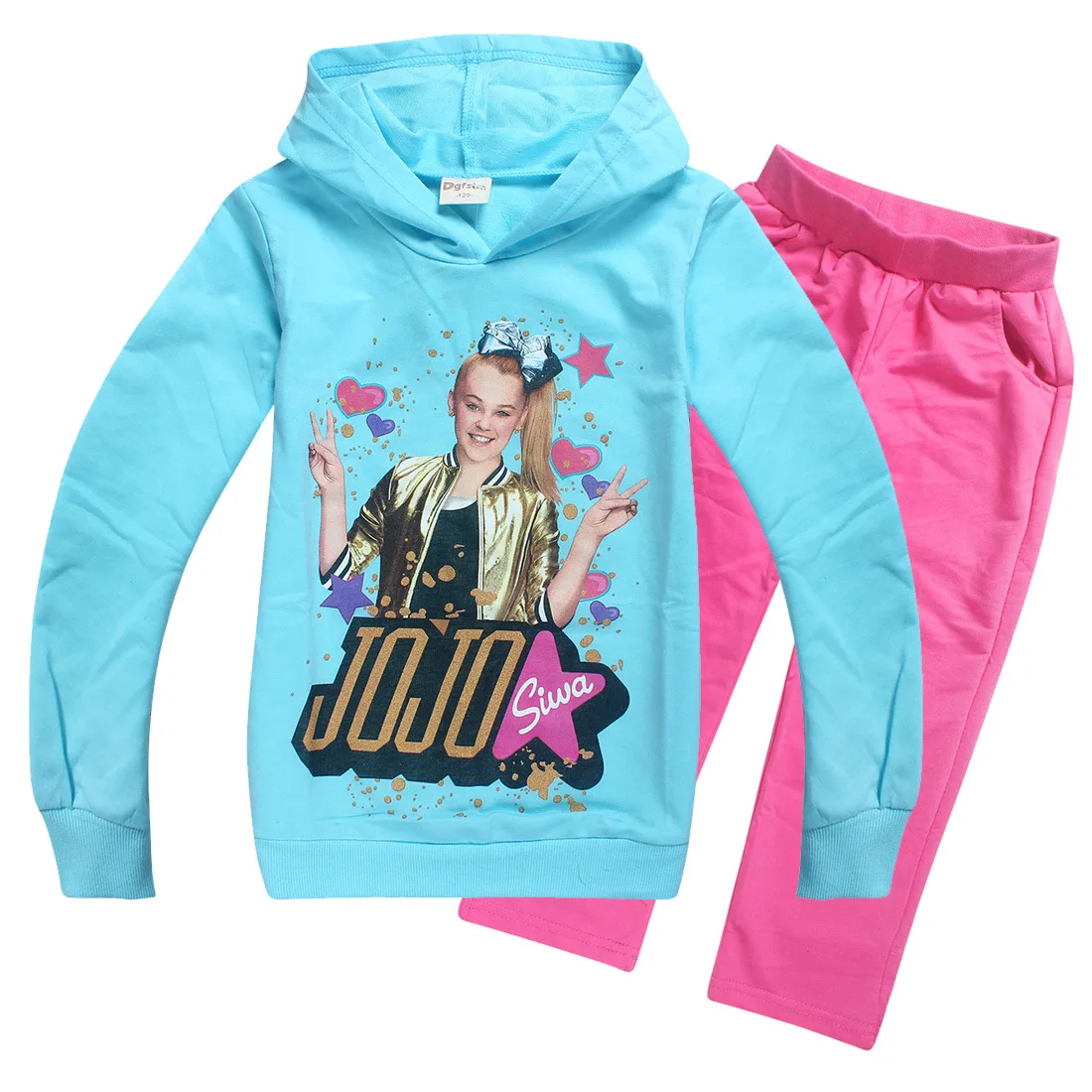 JOJO siwa/весенне-Осенняя детская хлопковая футболка с длинными рукавами и рисунком для девочек толстовка с капюшоном+ штаны, детский спортивный костюм, одежда - Цвет: J7221setBlue