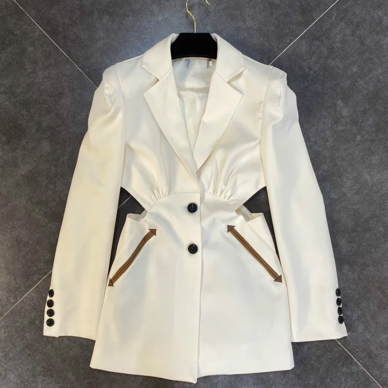 

Autumn Fall Long Sleeve Notched Collar Hollow Out Single Breasted Suit Jacket Women Slim Long Blazer Ladies Runway Designer Coat