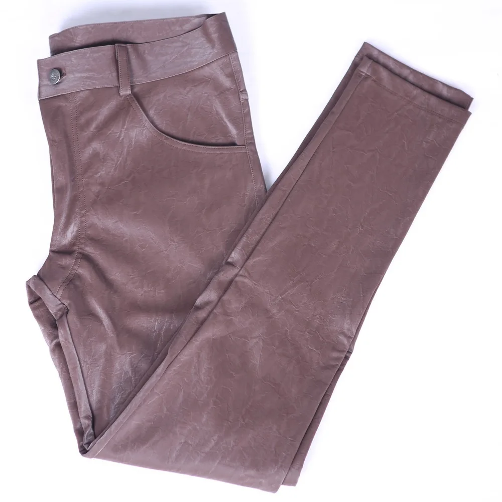 Men Sexy Slim Pants Faux Leather Motorcycle Trousers Tight Stretchy Casual Stylish