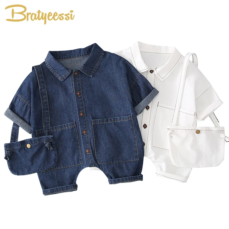 

Denim Baby Romper with Bag Toddler Jumpsuit Big Pockets Overalls Newborn Girl Boy Clothes Baby Onesie Infant Clothing