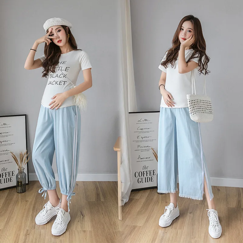 

Photo Shoot Video Tencel Maternity Jeans Summer Thin Section Pregnant Women Capri Wide-Leg Harem Pants Summer Cool Pants