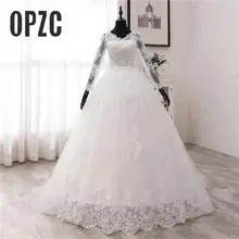 Nowa wiosna koronkowe suknie ślubne z aplikacjami z długim rękawem Vestidos De Novia 2021 biały dekolt księżniczka ślub panny młodej suknie Plus rozmiar