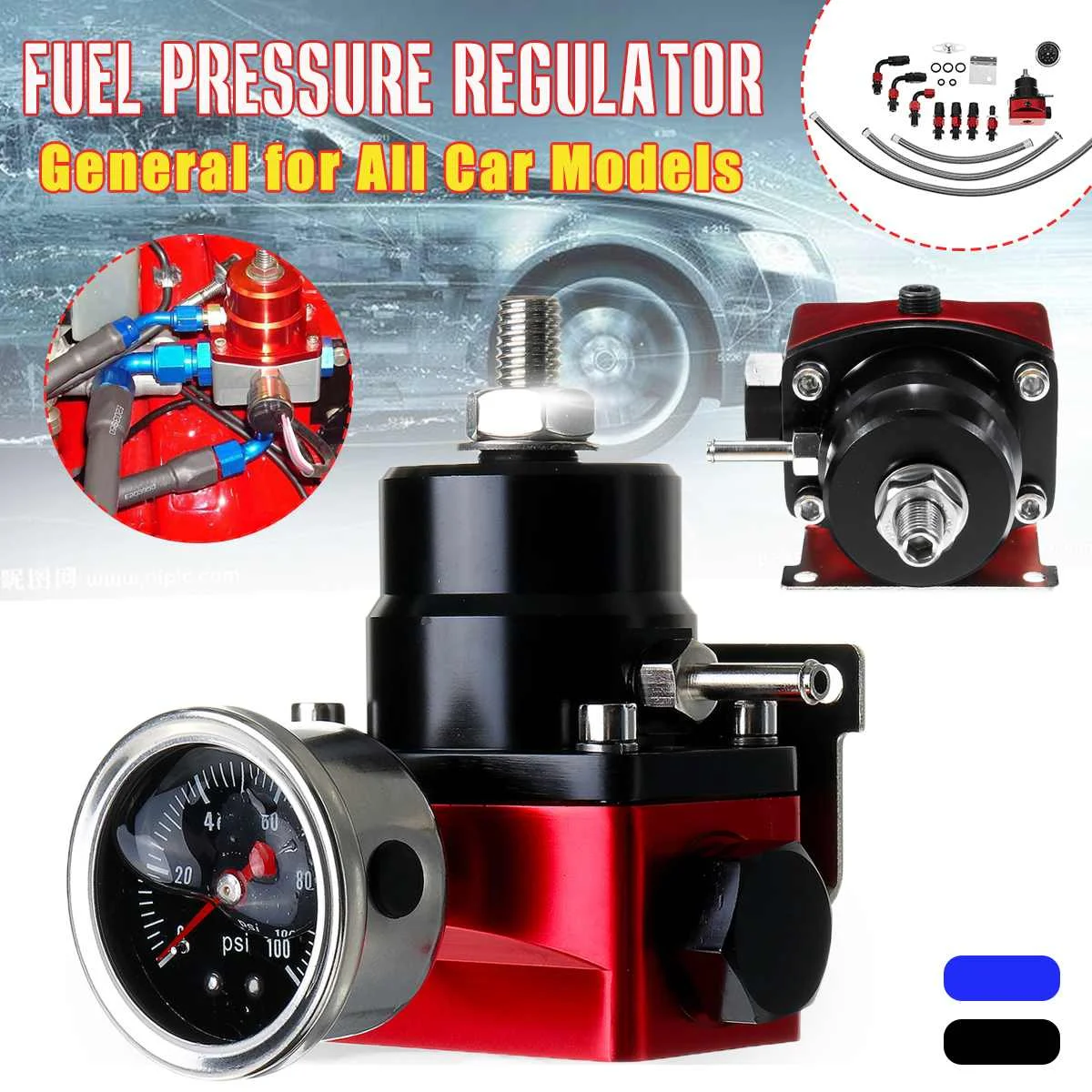 

Black Red Universal fpr AN6 Fitting Fuel Pressure Regulator Kit For 7MGTE MKIII with Hose Line with 0-100psi Gauge