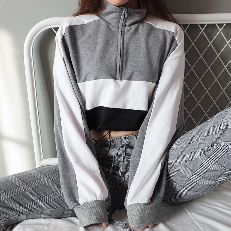 

Hoodies Women Sweatshirt Tunic Blouse Patchwork Crop Top Hooded Pullover Block Color sweat Coat Turtleneck Tracksuit Streetwear