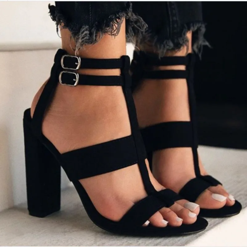 

women sandals Flock Buckle Strap 11.5CM Square heel High heels Round Toe Shallow sandal for women shoes size 35-42 black