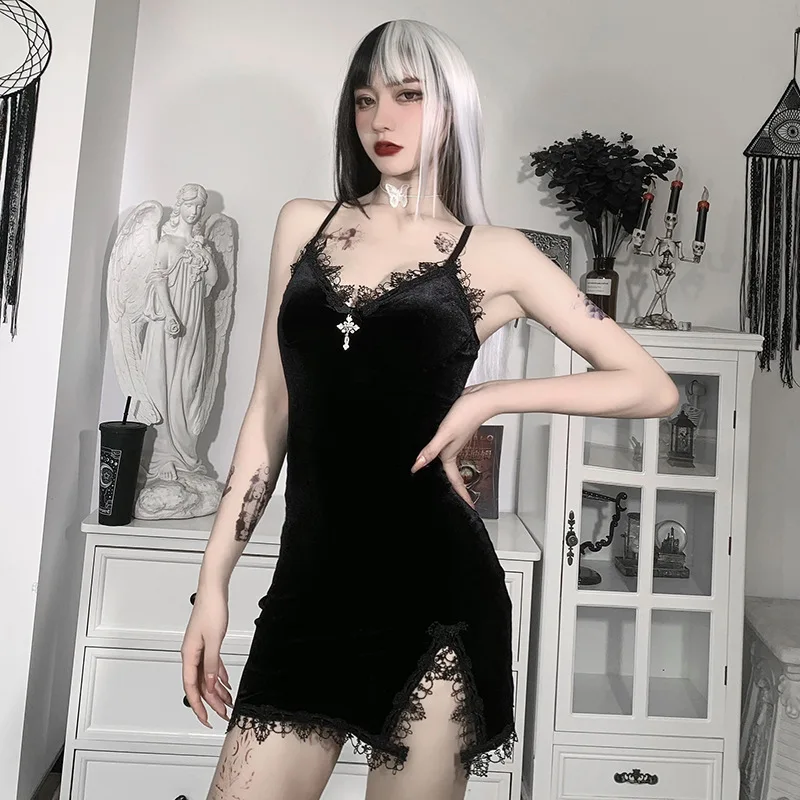 Dark Cross Black Mini Dress Vintage Sexy