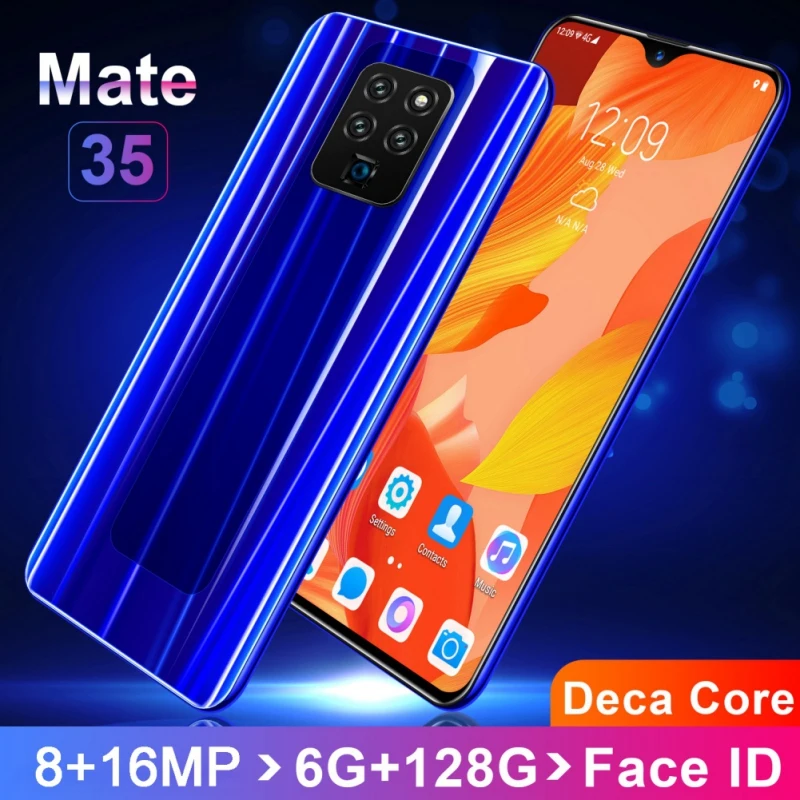 Mate35, 6,3 дюймов, 4G, смартфон, 6 ГБ ОЗУ, 128 Гб ПЗУ, экран капли воды, мобильный телефон, Распознавание отпечатков пальцев и лица, разблокировка, сотовый телефон - Цвет: Синий