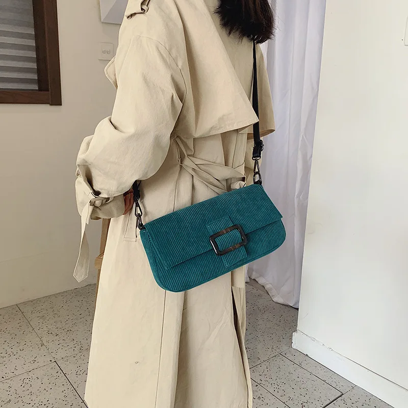 

Retro Corduroy Baguette Women Handbag Fashion Solid Color Shoulder Bag Women Designer Chic Pu Leather Messenger Bags Small Tote