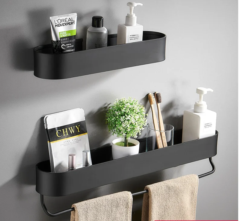 

Black Bathroom Shelf 30/40/50 cm Kitchen Wall Shelves Shower Basket Storage Rack Towel Bar Robe Hooks Bathroom Accessories