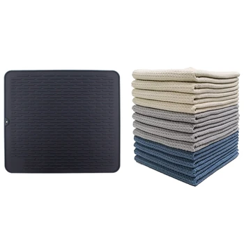 

1 Pcs Large Silicone Placemat Dish Drying Mat & 12 Pcs Superfine Fiber Kitchen Towel Soft and Super Absorbent