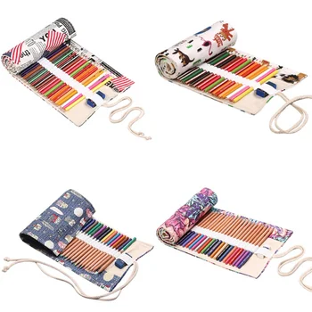 

Student Roll Canvas Pencil Bag Stationery Bag Handmade Art Printing Color Pencil Curtain Sketch Painting 48-hole