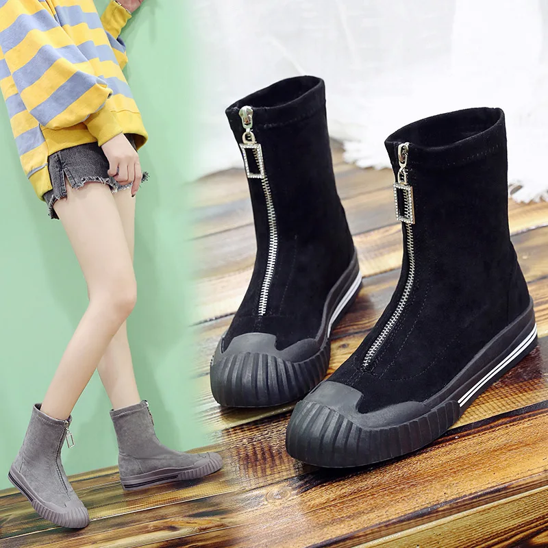 

Martin Boots Women's 2019 Zipper Korean-style Suede Middle Boots Women's Martin New Style Flat Anti-slip Casual Martin Boots Wom