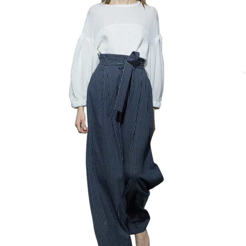 TWOTWINSTYLE комплект из двух предметов для Для женщин с круглым вырезом рубашка с длинными рукавами в полоску, с высокой талией штаны на шнуровке женский костюм Осенняя мода