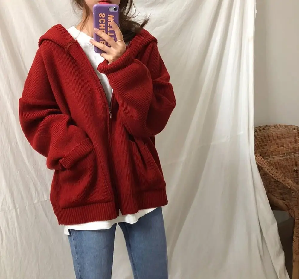 Women Autumn Winter Casual Zipper Hooded Cardigans Plus Size Solid Knitted Coat Loose Pockets Thick Sweater