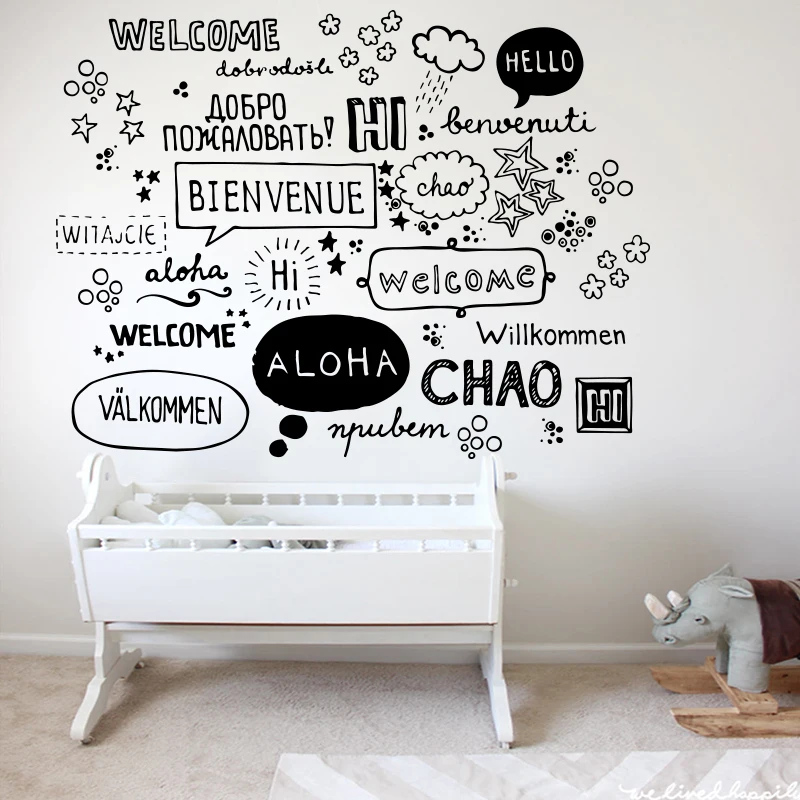 

Patterns Multiple National Languages Welcome Coffee Cafe Shop Hello Quote Window Glass Wall Sticker Decal Vinyl Home Decor