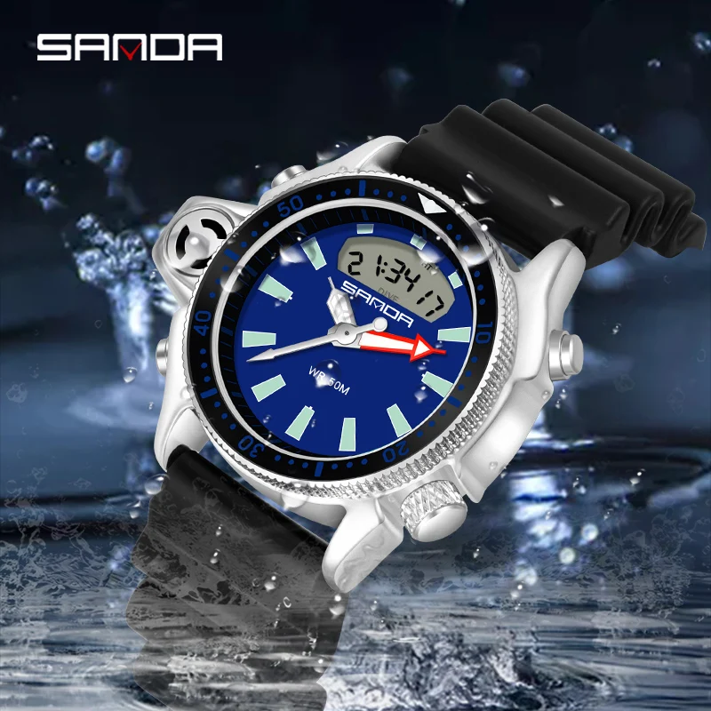 SANDA Fashion Sport Men LED Digital Watches Dual Display Quartz Wristwatch Outdoor Waterproof Military Wristwatches Mens Clock