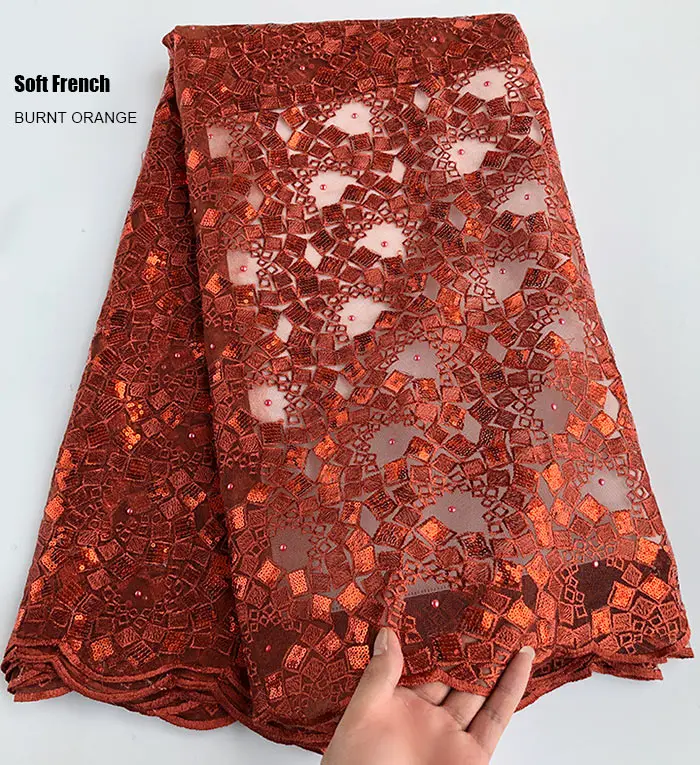 Burnt Orange Очень мягкий 5 ярдов Африканский французский кружевной тюль ткань с блестками уникальная нигерийская повседневная одежда швейная одежда - Цвет: Burnt Orange