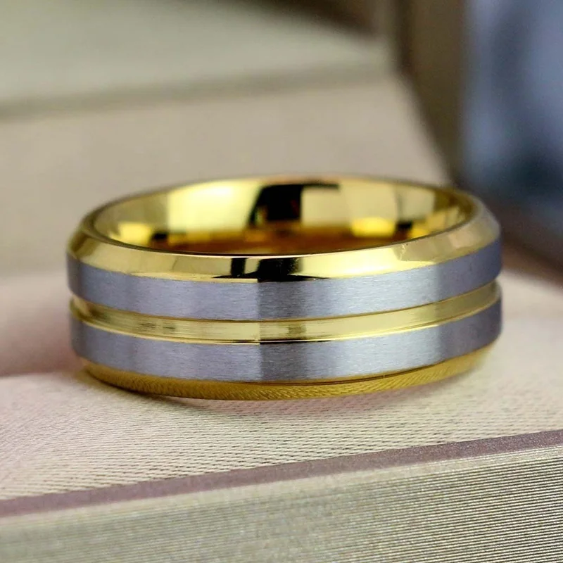 Fashion Gold-Color Couple Rings Wedding Rings Men's Stainless Steel Rings Women's White Zircon Ring Set Jewelry Rings