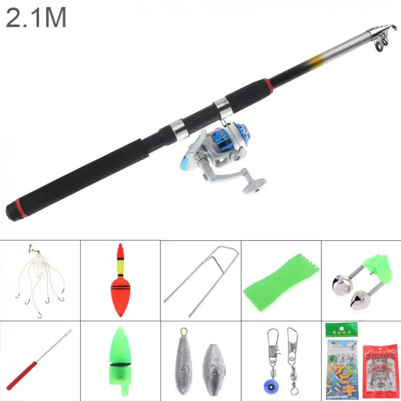 

2.1m Fishing Rod Full Kits 3000 Series Spinning Reel Pole Set with Carp Fishing Lures Float Hooks Beads Bell Lead Weight Etc