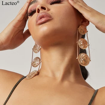 

Lacteo Steampunk 3 Statue Carved Coin Hoop Earrings for Women Hip Hop Multi Layered Long Unusual Earrings Jewelry Female Gifts