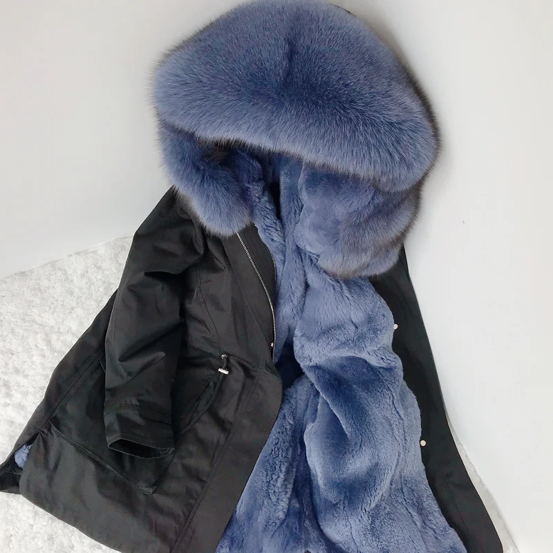 AYUNSUE Winter Coat Women Parka Real Fur Coat Female Rabbit Fur Liner Long Jacket Women Fox Fur Collar Warm Parkas MY4574 - Color: dark ocean blue