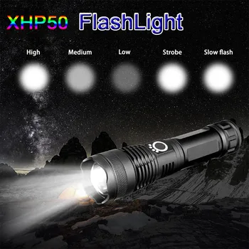 

LED Flashlight Rechargeable USB Portable Torch Light 5 Modes Tactical Flashlight for Outdoor Camping Hunting Lantern XHP50