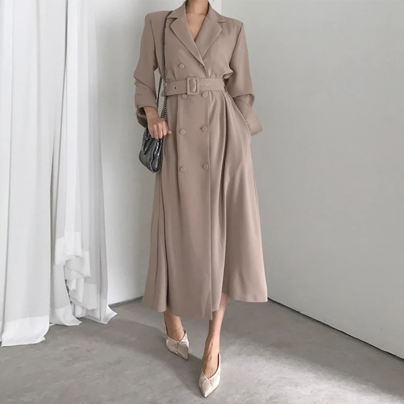 New Autumn England Style Women Long Trench Coat Loose S Web Celebrity Over-the-knee Westerly Winds Coats Khaki Black 1523