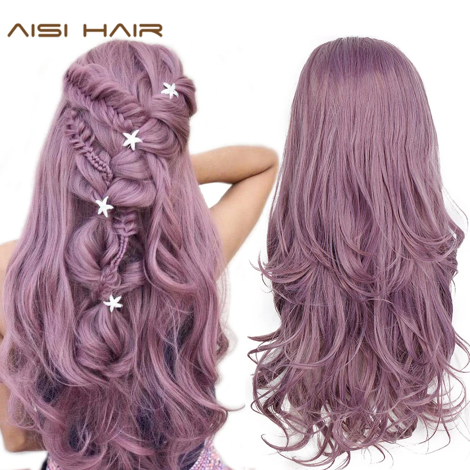  AISI HAIR Long Wavy Synthetic Lace Front Wigs Purple Lace Wig For Black /White Women Can Cosplay Wa