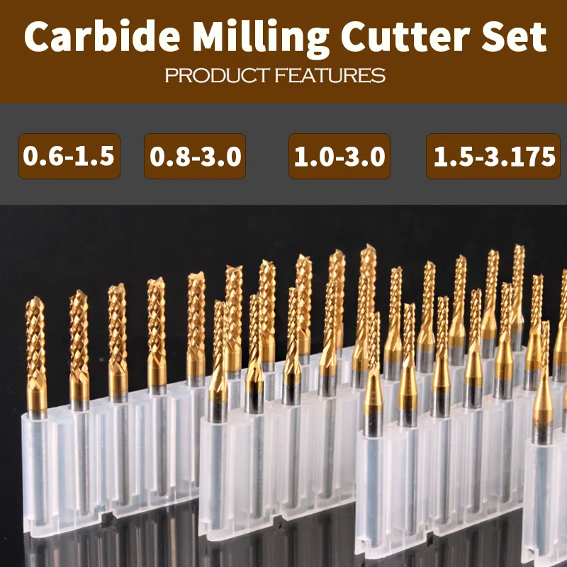 PCB 카바이드 밀링 커터 세트 0.6-1.5mm 엔드 밀 비트 3.175mm 회로 기판 용 생 옥수수 밀링 커터
