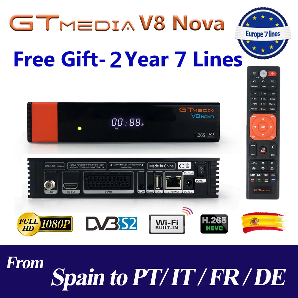Prezzo Recettore Ricevitore Satellitare Gtmedia V8 nova HD 1080P con 2 Anni di Europa 7 linee Costruito in Wifi H.265 DVB S2 scatola di Spagna tv