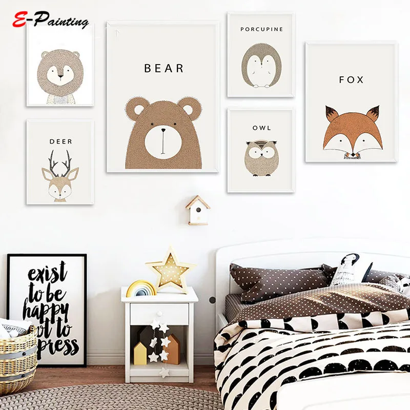 Modern Painting Canvas Cartoon Animal Deer Lion Bear Minimalist Art Poster Wall Picture Print Home | Дом и сад