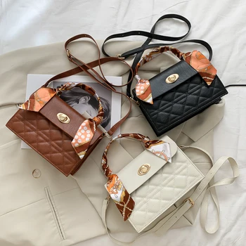 

2020 Women Lattice Crossbody Bag Silk Scarf Handle Ladies PU Leather Shoulder Handbags