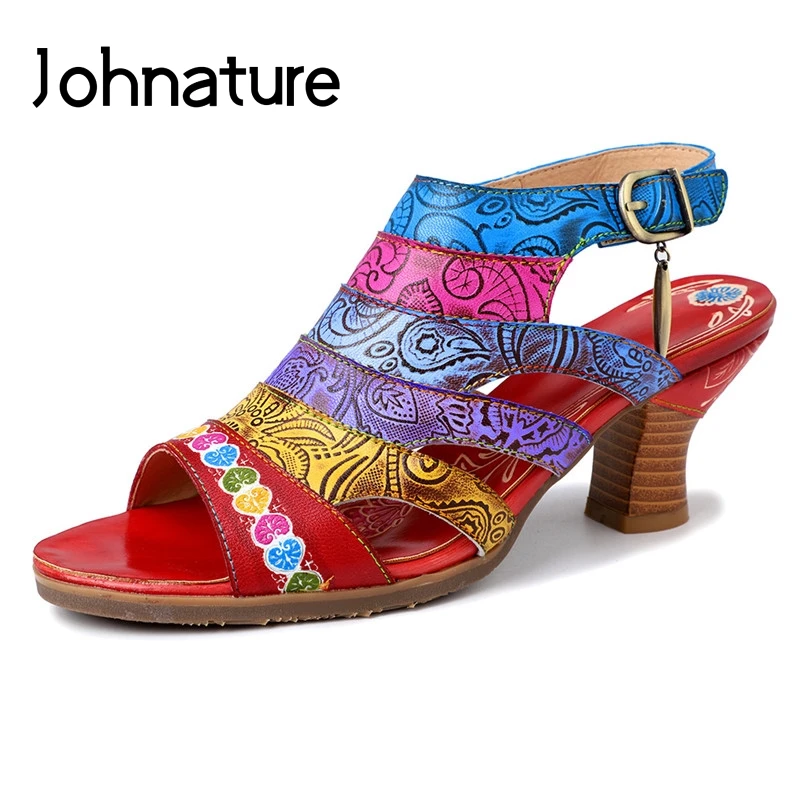 Женские босоножки на платформе Johnature из натуральной кожи с ручной росписью и