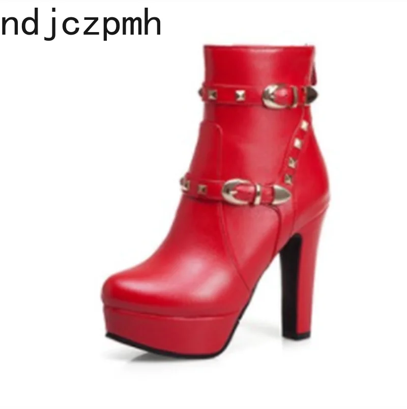 

Women's Boots New Autumn And Winter Round head zipper belt buckle Rivet High heel Ankle boots Women's shoes plus size 34-50