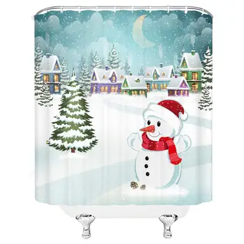 

Christmas Shower Curtain Set Christmas Tree Snowman Color Town Moon Street View Polyester Bathroom Decoration 70×70 Inch with