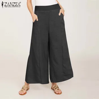 

Women Wide Leg Pants ZANZEA 2020 Summer Solid Trousers Female Casual Elastic Waist Pantalon Lady Pockets Bottoms Streetwear 5XL