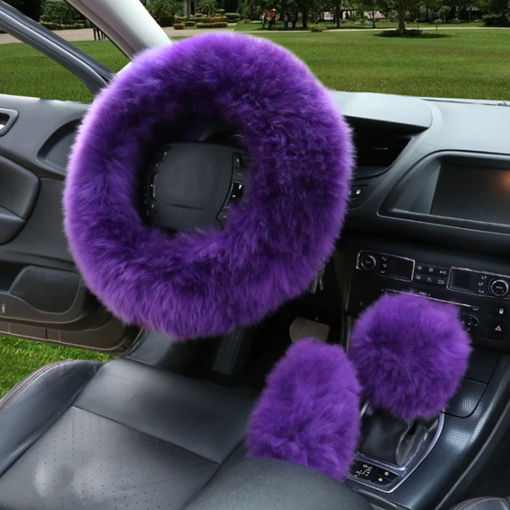 

3pcs Winter Warm Car Steering Wheel Cover Gearshift Handbrake Cover Protector Decoration Soft Black Pink
